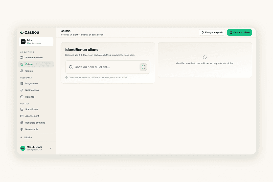 Le dashboard commerçant - l'écran Caisse (identifier un client, créditer l'achat)